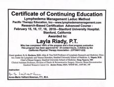 Certificación en Manejo de Linfedema, Nivel Avanzado, Stanford University Hospital, USA.