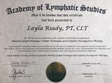Certificado en Drenaje Linfático Manual (Tecnica Vodder) y Terapia Descongestiva Completa, Academy of Lymphatics Studies, USA.